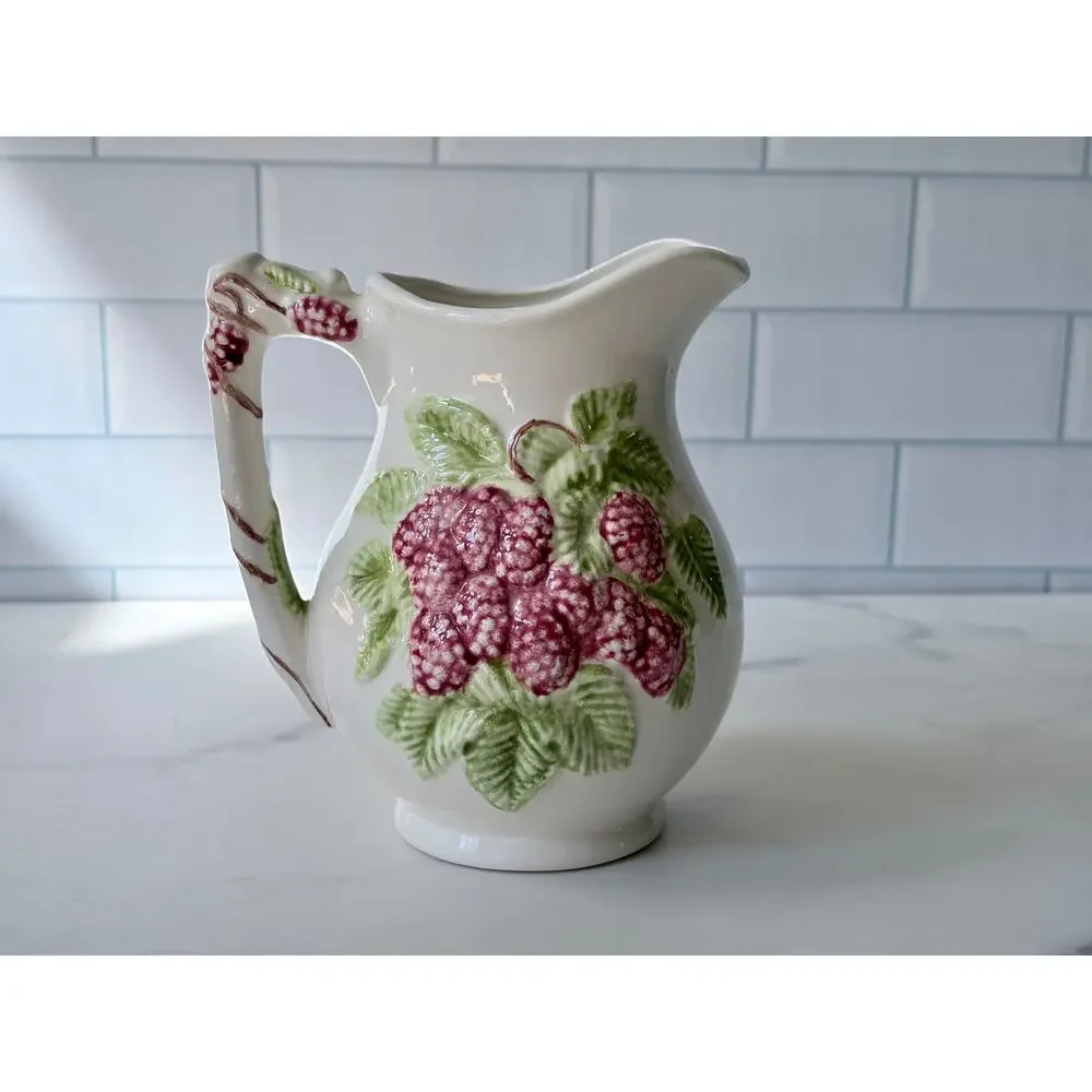Vintage 1970s Ceramic Raspberry Pitcher | Majolica Style Fruit Design